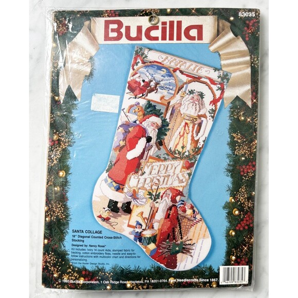 Bucilla Santa Collage Personalized Christmas Stocking Cross Stitch Kit 18" - Picture 1 of 3